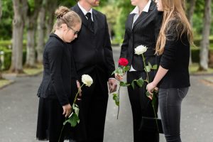 Family,Mourning,On,Funeral,At,Cemetery,Standing,In,Group,With